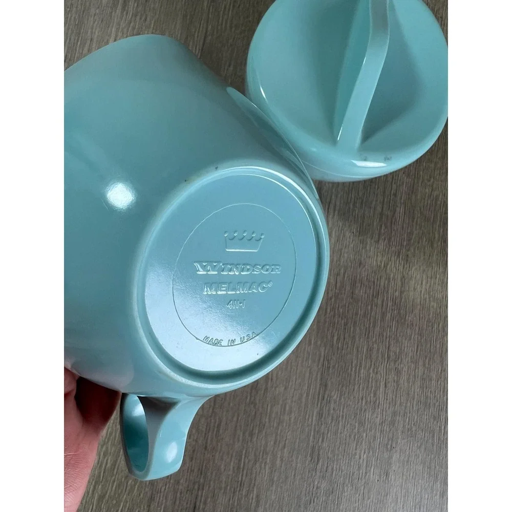 Vtg MCM Windsor Melmac Melamine Cream and Sugar Turquoise Blue Set w/ top